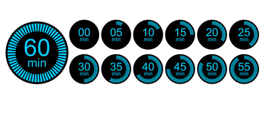 Wall Mural - timer or stop watch countdown clock icon set for race, science experiment, deadline, countdown, cooking, running, exercise etc use. vector countdown indicator design element in minutes.