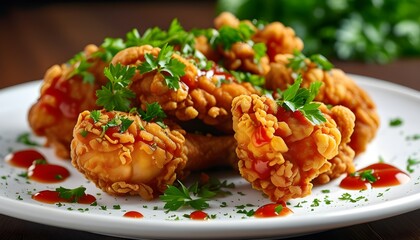 Wall Mural - Crispy Golden Brown Chicken Nuggets with Ketchup and Fresh Parsley Garnish, Perfectly Served for Dinner or Snack in Close-Up Food Photography