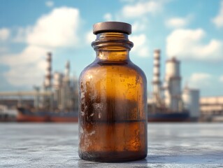 Industrial Chemical Sample: A close-up image of a small, amber-colored glass bottle containing liquid, set against the backdrop of a sprawling industrial complex.