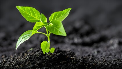 Wall Mural - vibrant green plant emerging from rich black soil against a clean white background