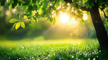 Sunlit tree over dewy grass at sunrise in nature