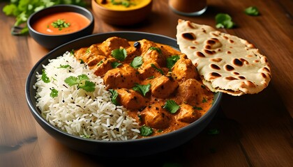 Wall Mural - Flavorful Chicken Tikka Masala with Spicy Curry, Served with Basmati Rice and Naan on Rustic Wooden Table, Celebrating Authentic Indian Cuisine