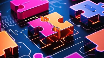 API integration concept with neon puzzle pieces interlocking on a futuristic digital background, emphasizing smooth connectivity and system interoperability (6)