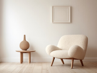 Modern minimalist interior. Boucle chair in light minimalist living room