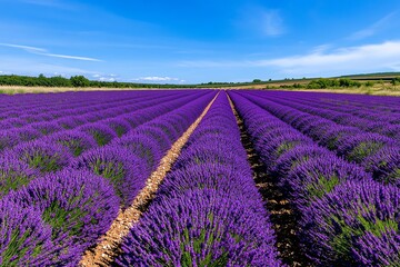 Wall Mural - A field of lavender in full bloom, with rows of purple flowers stretching toward the horizon under a bright blue sky