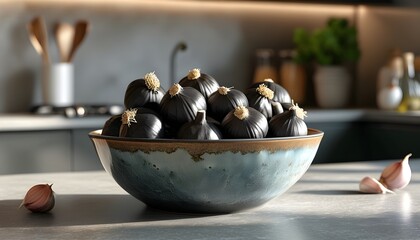 Wall Mural - Elegant display of black garlic bulbs in a ceramic bowl on a sleek modern kitchen countertop