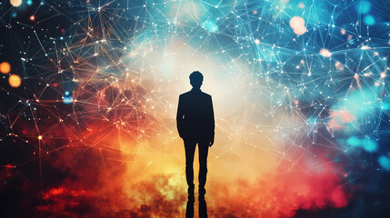 Young man silhouette on abstract digital background, adult boy against social media pattern. concept of network, connect, global world, people, online, news. Digital Collage. Illustration