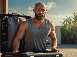 Muscular bald bearded man in a tank top examining his suitcase outdoors on a sunny day.