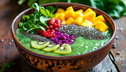 Wall Mural - Vibrant green smoothie bowl topped with kiwi, mango, and chia seeds, served in a rustic ceramic bowl adorned with fresh greens