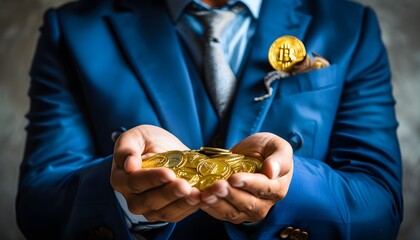 Man in blue suit proudly displaying a handful of shimmering gold coins