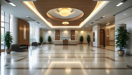 Wall Mural - Modern hospital lobby featuring a sleek reception desk and welcoming atmosphere