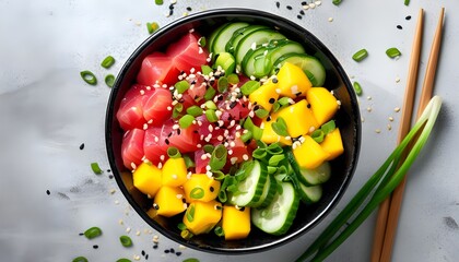 Wall Mural - Colorful Poke Bowl Featuring Fresh Tuna, Mango, Cucumber, Green Onions, and Crunchy Sesame Seeds