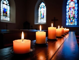 Candles in church with altar in background.  catholic or Lutheran cathedral with many lit candles as prayer or memory symbol. Beautiful lights in Christian basilica and crucifix in background (22)