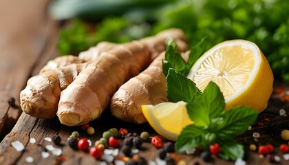 Vibrant display of fresh ginger and lemongrass with an array of spices on a rustic wooden table