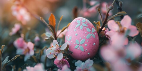 Wall Mural - Decorative Easter Egg Amidst Blossoming Flowers with Space for Text