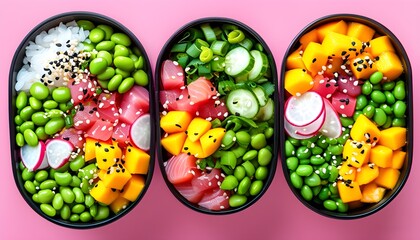 Vibrant poke bowl featuring fresh tuna, mango, edamame, radish, cucumber, green onions, and sesame seeds against a playful pink backdrop