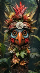 Wall Mural - Totem Pole Carving of a Bird in a Tropical Jungle