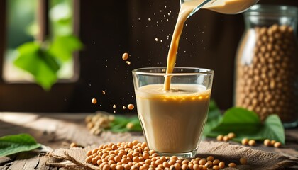 Wall Mural - Homemade Soy Milk Flowing into Glass Surrounded by Soybeans in Cozy Rustic Kitchen Environment