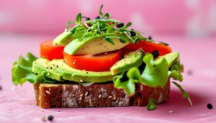 Wall Mural - Vibrant close-up of a delicious vegan sandwich featuring tempeh, avocado, tomato, and lettuce on whole grain bread against a pink backdrop