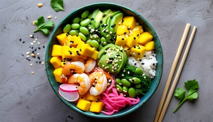 Wall Mural - Vibrant shrimp poke bowl featuring avocado, radish, mango, edamame, rice, and pickled veggies drizzled with sesame seeds