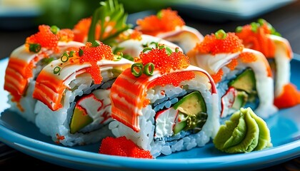 Wall Mural - Vibrant California Roll Sushi Arrangement with Fish Roe, Avocado, Imitation Crab, and Garnish on a Stylish Blue Plate