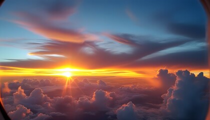 Wall Mural - Serene aerial perspective of golden clouds illuminated by a vibrant sunset