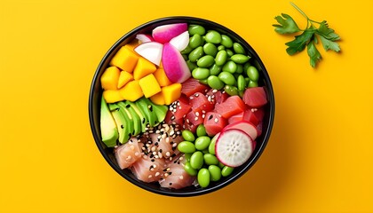 Wall Mural - Colorful poke bowl featuring tuna, avocado, edamame, radish, mango, and carrots against a bright yellow backdrop