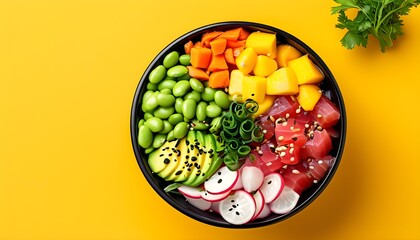 Colorful poke bowl featuring tuna, avocado, edamame, radish, mango, and carrots against a bright yellow backdrop