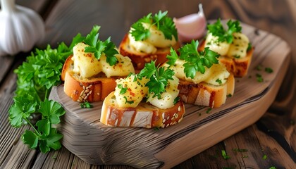 Wall Mural - Rustic bruschetta topped with pâté and vibrant parsley on a charming wooden board