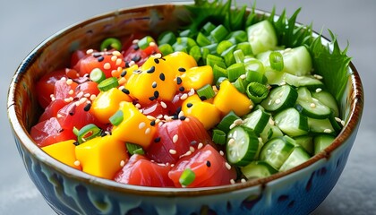 Wall Mural - Vibrant poke bowl featuring fresh tuna, sweet mango, crisp cucumber, green onions, and sesame seeds beautifully presented in a ceramic dish