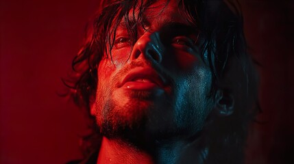 Wall Mural - Close-Up Portrait of a Man in Red and Blue Light