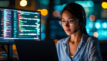 Nighttime coding session of a young female software developer in a modern digital workspace, highlighting technology and innovation in action