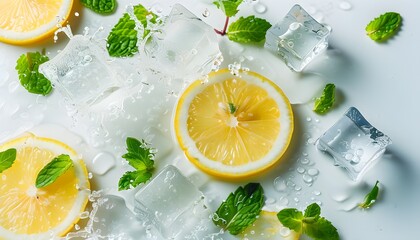 Wall Mural - Crisp Lemon and Mint Infused Refreshing Water Splash with Ice on Bright White Background