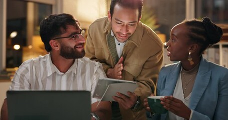 Man, tablet and team in night at office for idea, research and story development at media agency. People, writer and editor in group with touchscreen, point and app with diversity at press company
