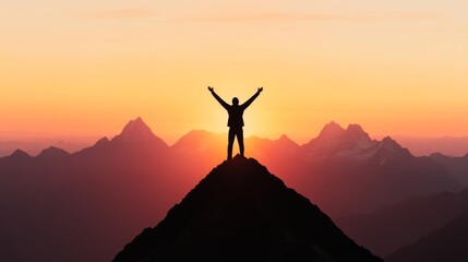 A silhouette of a person standing on a mountain peak with arms raised in victory backlit by a golden sunset The image conveys success achievement and triumph over challenges The background is expansiv