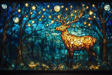 Wall Mural - stained glass window mosaic with Christmas theme, reindeer, festive, shiny Christmas vibes