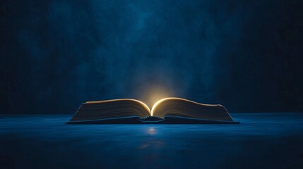 open book with glowing lights, magic fantasy book on blue background