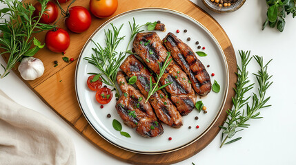 a home kitchen with a warm atmosphere, showcasing a plate of alternative meat garnished with fresh herbs, surrounded by soy-based ingredients on a wooden cutting board