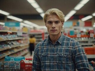 A young blondish man stands confidently in a grocery store aisle, surrounded by colorful displays and shoppers bustling about.