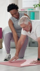 Canvas Print - Senior man, physiotherapist and exercise for arms on floor for support, stretching and progress at clinic. People, physical therapy and rehabilitation for helping hand, recovery or muscle development