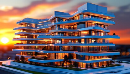 Wall Mural - Modern Multi-Story Building in BIM Architecture Model with Stunning Sunset Lighting Showcasing Advanced Design Technology