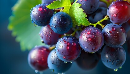 Wall Mural - Vibrant Close-Up of Fresh Juicy Red Grapes with Water Drops Against a Blue Background for a Refreshing Summer Snack