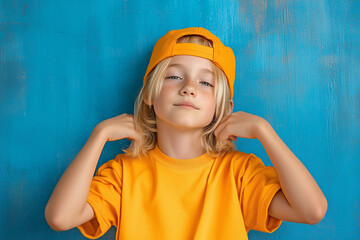 Young boy in orange cap and shirt posing confidently against a blue background in bright sunlight