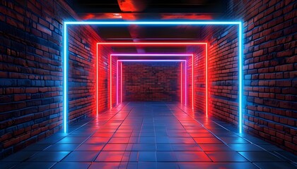 Wall Mural - Futuristic Urban Ambiance with Vibrant Red and Blue Neon Lights on Exposed Brick Wall and Tiled Floor