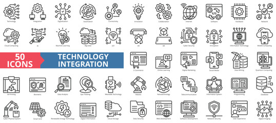 Technology integration icon collection set. Containing digitalization, automation, connectivity, innovation, collaboration icon. Simple line vector illustration.