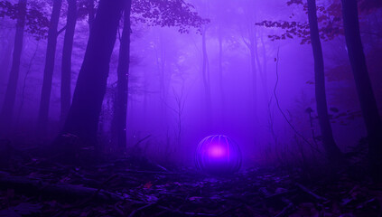 A glowing violet Halloween pumpkin in the dark, set against a spooky violet forest background with fog and violet light.Minimal creative Halloween holiday concept.