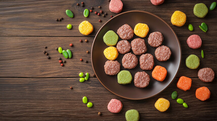 Wall Mural - cultured meat, alternative meat, plant-based meat concept image: a polished plate of alternative meat presented on a natural wooden table