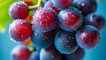 Wall Mural - Vibrant Close-Up of Fresh Juicy Red Grapes with Water Drops Against a Blue Background for a Refreshing Summer Snack