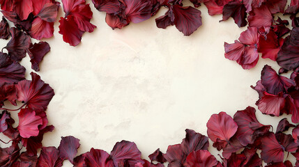 dried hibiscus flowers: a loose frame made from dried hibiscus petals, scattered in rich red hues over a light cream background, the contrast between the deep