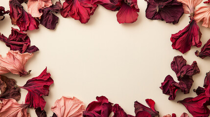 dried hibiscus flowers: a loose frame made from dried hibiscus petals, scattered in rich red hues over a light cream background, the contrast between the deep